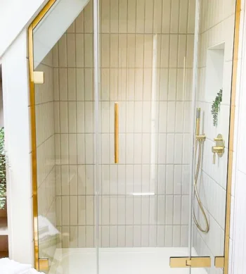 Glass shower enclosure with brass trim, white tiled walls, a handheld shower on the right, and a small green plant by the fixtures.